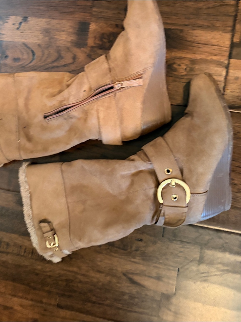 Women’s Tan Suede Mid-Calf Buckle Boots